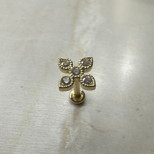 Piercing d'hélix croix avec oxydes de zirconium sertis en or jaune