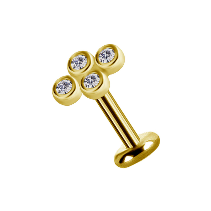 Piercing or jaune avec quatre zircons blancs sertis
