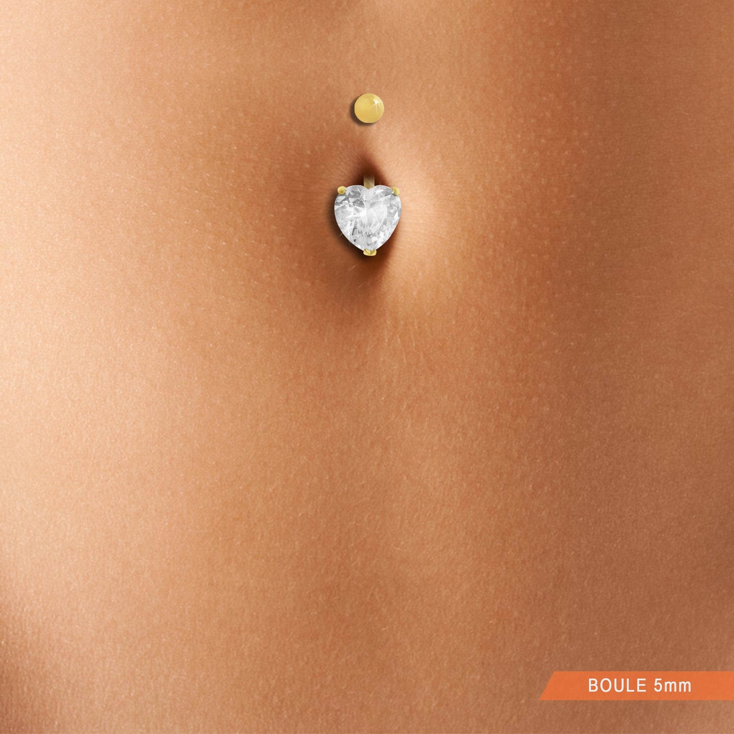 Piercing de nombril en or jaune avec oxyde de zirconium coeur 10mm