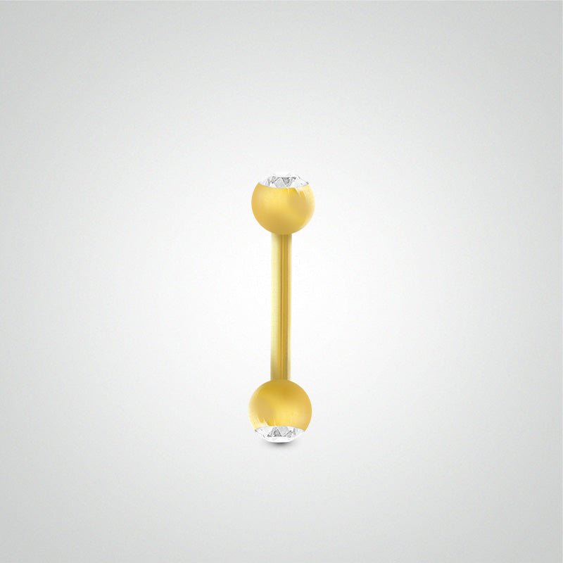 Piercing barre droite en or jaune avec boules et zircons blancs (1,2mm)