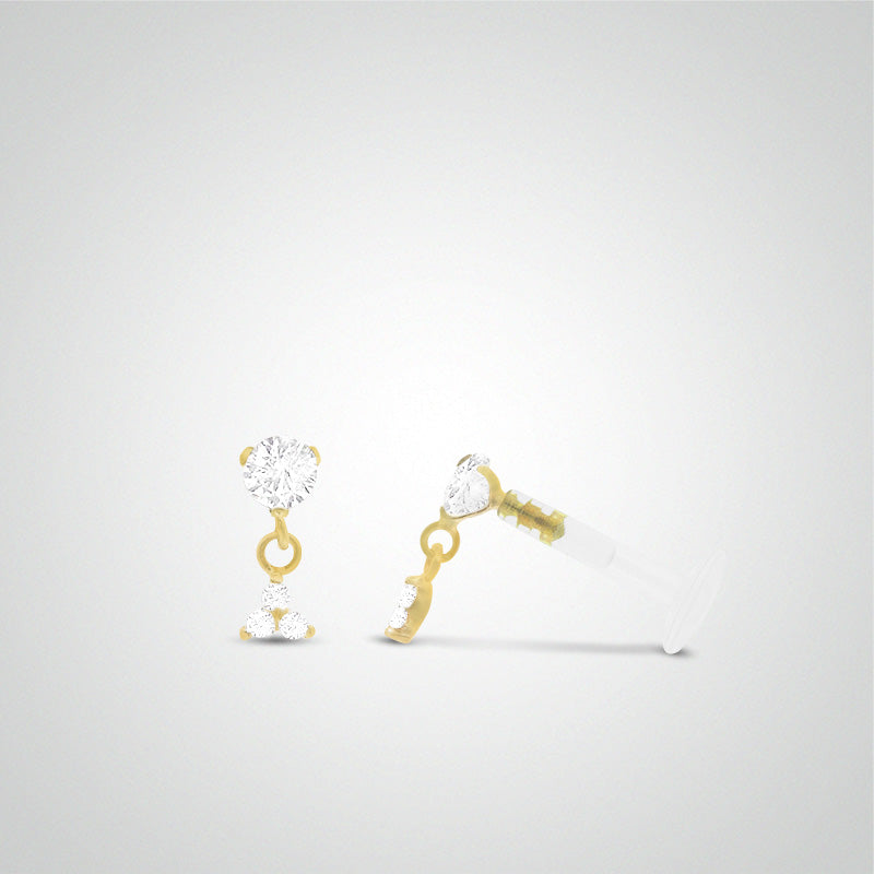 Yellow gold helix piercing pendant with clover three zirconium oxides