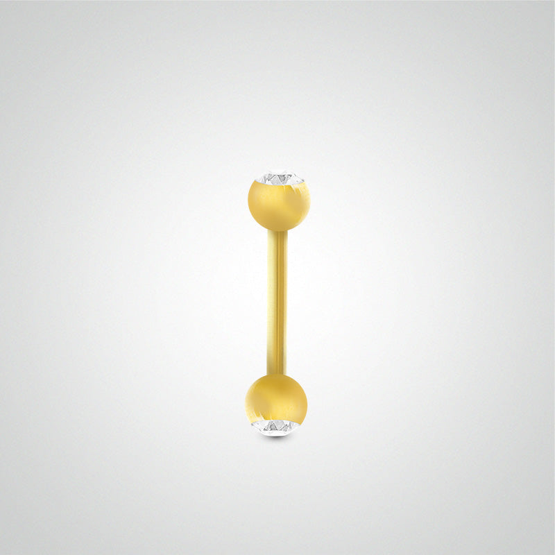 Piercing téton barre droite en or jaune avec boules et zircons blancs (1,2mm)