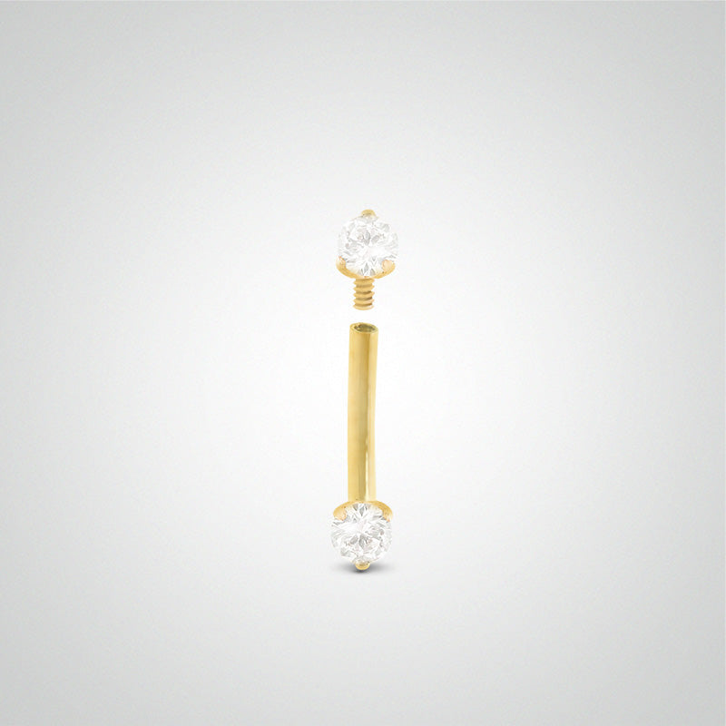 Yellow gold eyebrow piercing with two 2.5mm zircons