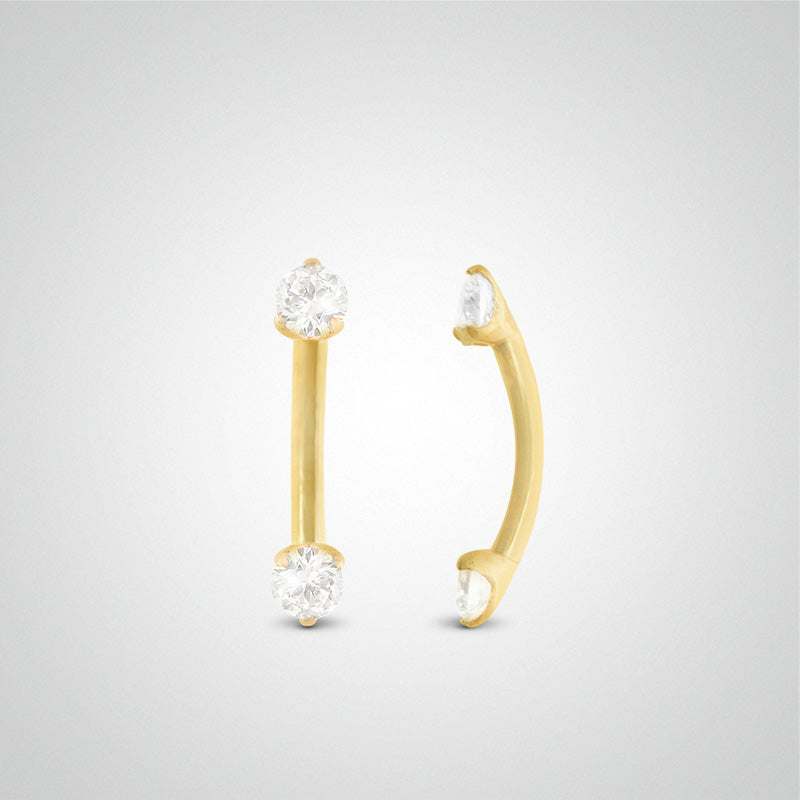 Yellow gold eyebrow piercing with two 2.5mm zircons