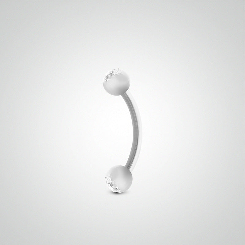 Curved bar piercing in white gold with balls and white zircons (1.2mm)