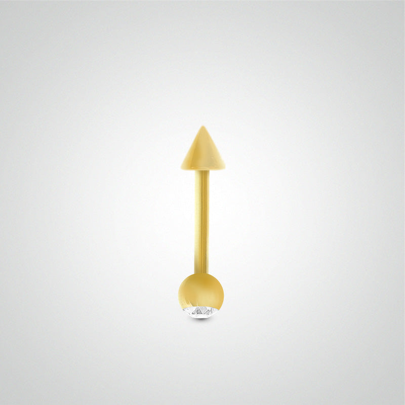 Piercing barre droite en or jaune avec boule zircon blanc et pic (1,2mm)