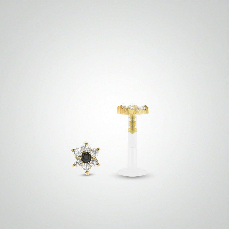 Piercing helix fleur coeur noir en or jaune