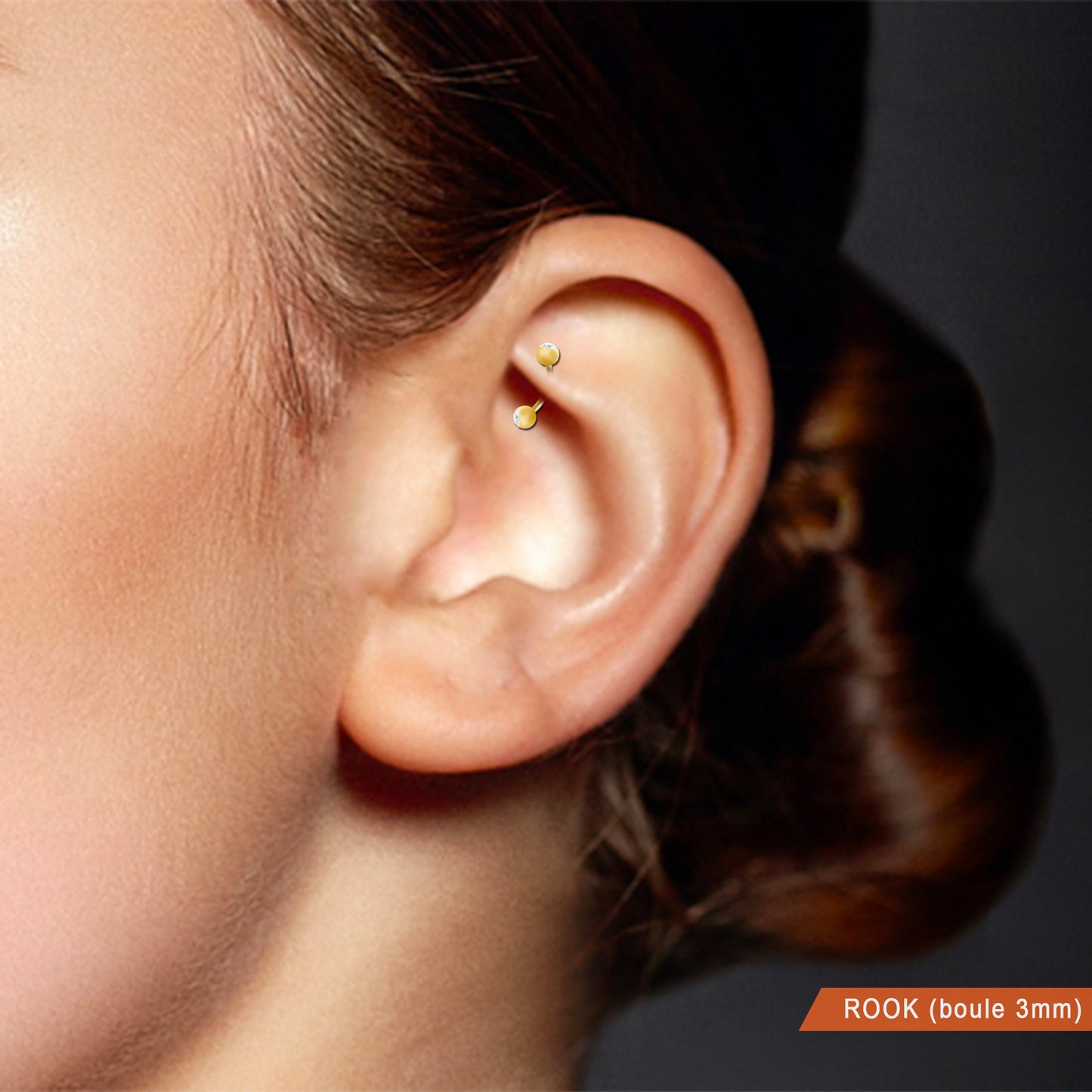 Piercing daith et rook en or jaune avec boules et zircons blancs (1,2mm)