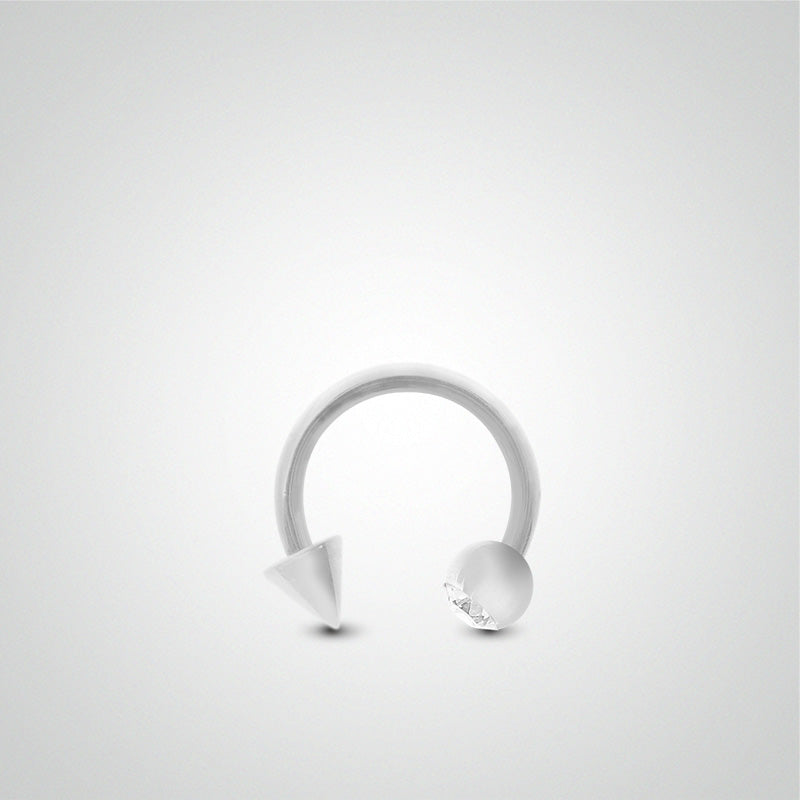 White gold nipple piercing: horseshoe with white zircon ball and spike (1.2mm)