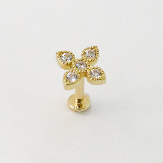 Piercing d'hélix croix avec oxydes de zirconium sertis en or jaune