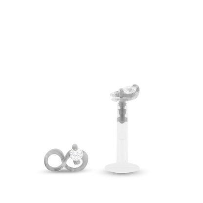 Piercing anti-hélix avec motif infini or blanc 18 carats et zircon blanc, clip à insérer dans sa barre Bioplast.