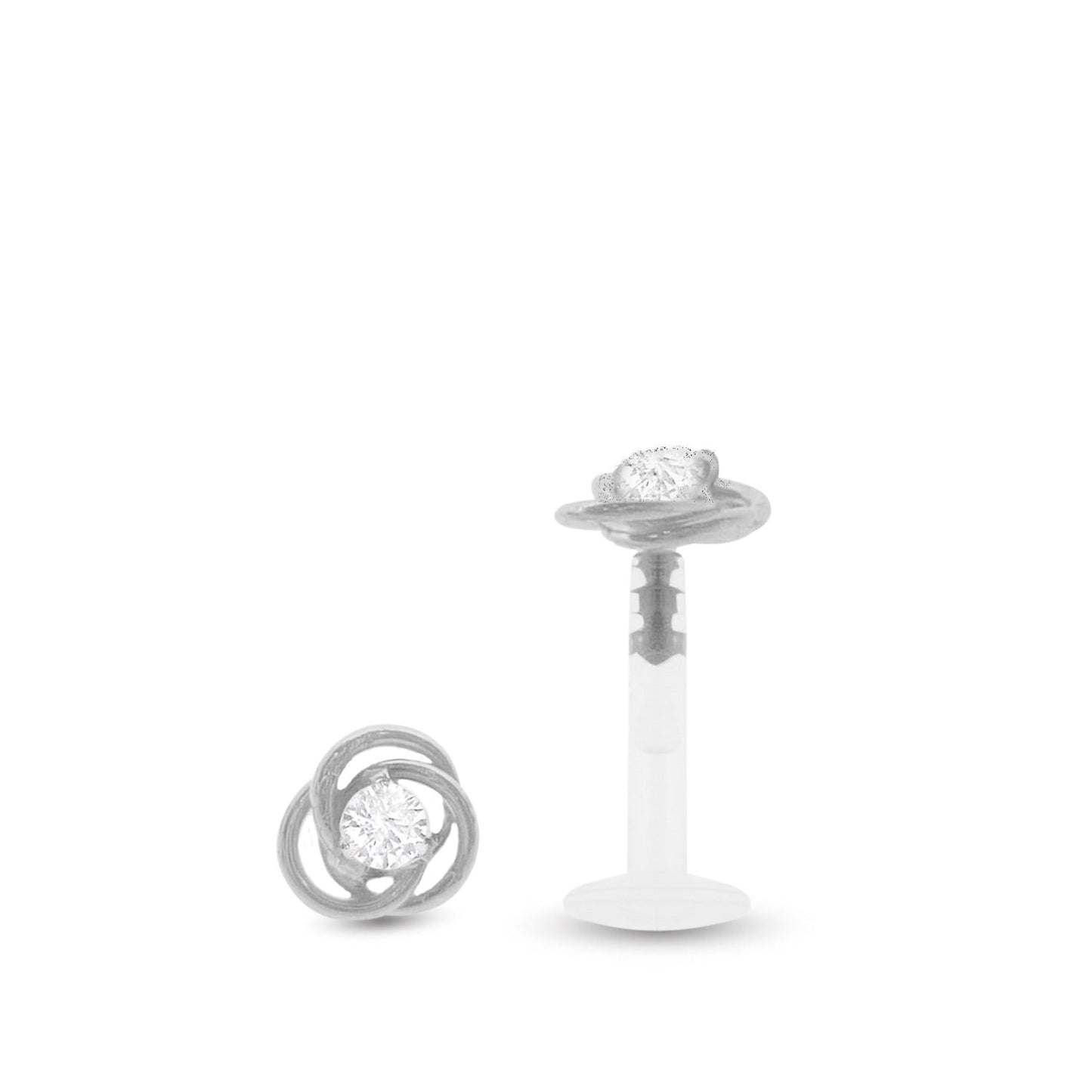 Piercing anti-hélix avec motif fleur or blanc 18 carats et zircon blanc, clip à insérer dans sa barre Bioplast.