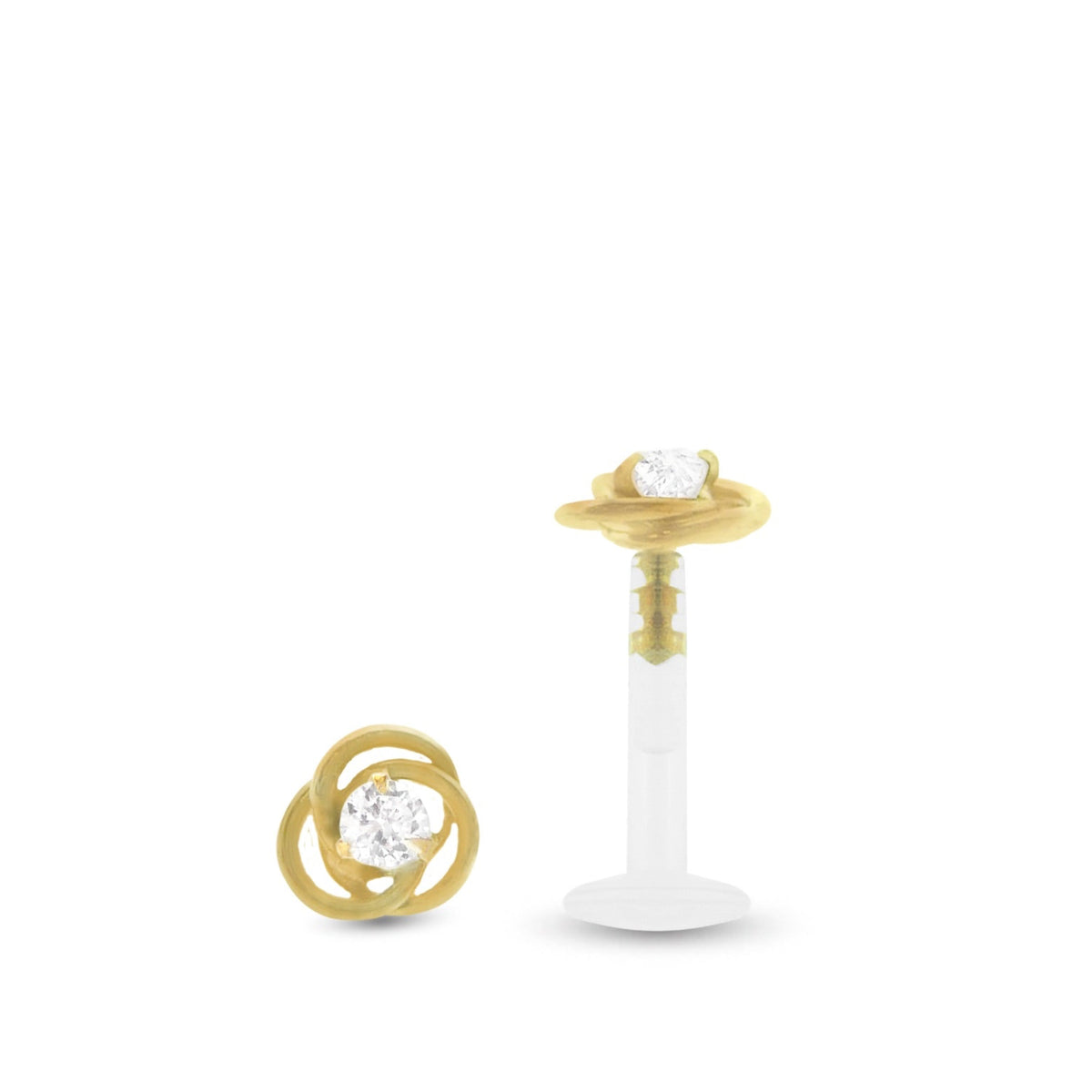 Piercing anti-hélix avec motif fleur or jaune 18 carats et zircon blanc, clip à insérer dans sa barre Bioplast.