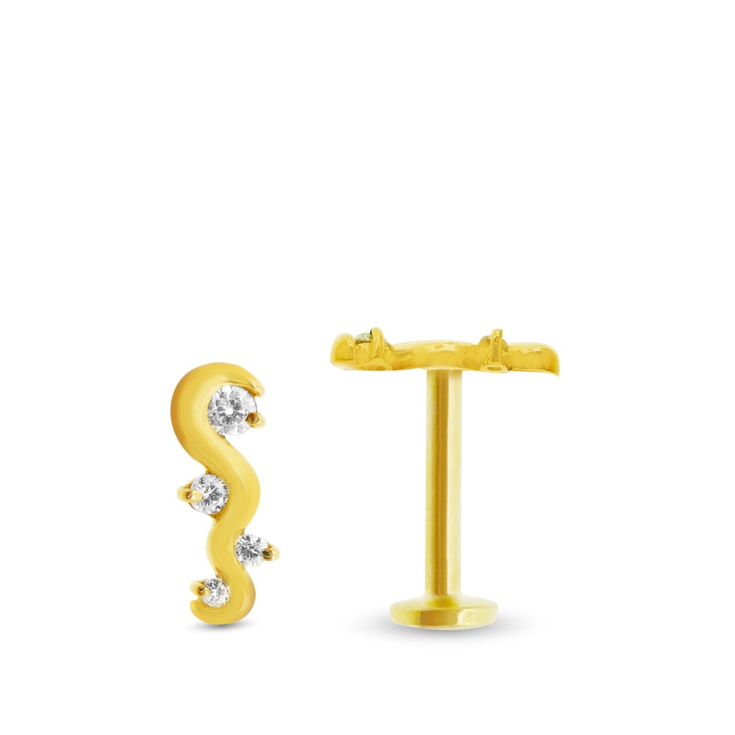 Piercing d’oreille avec motif arabesque en or jaune massif, orné de zircons blanc étincelants.