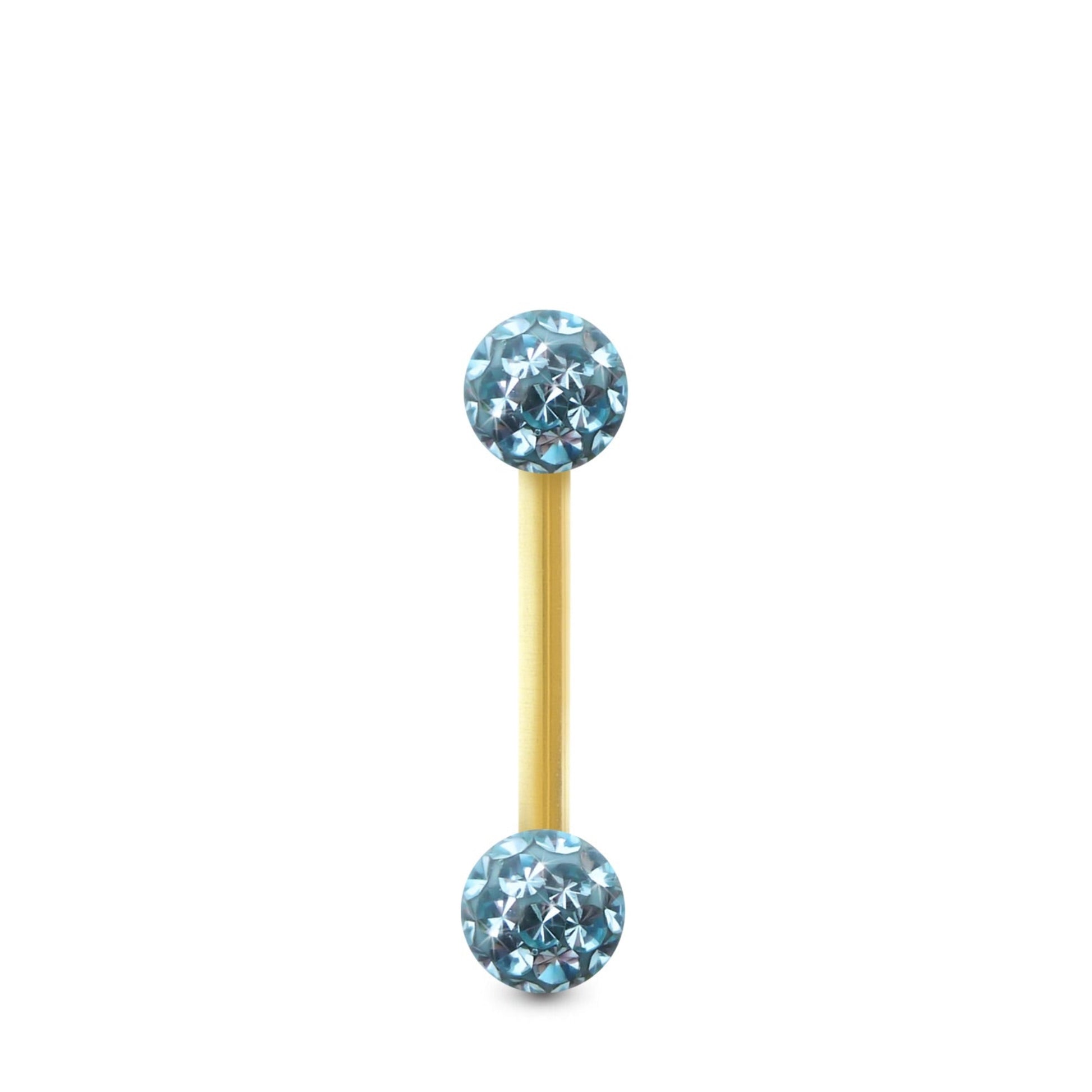 Piercing Swarovski et barre droite en or jaune (boules vissables bleu clair)