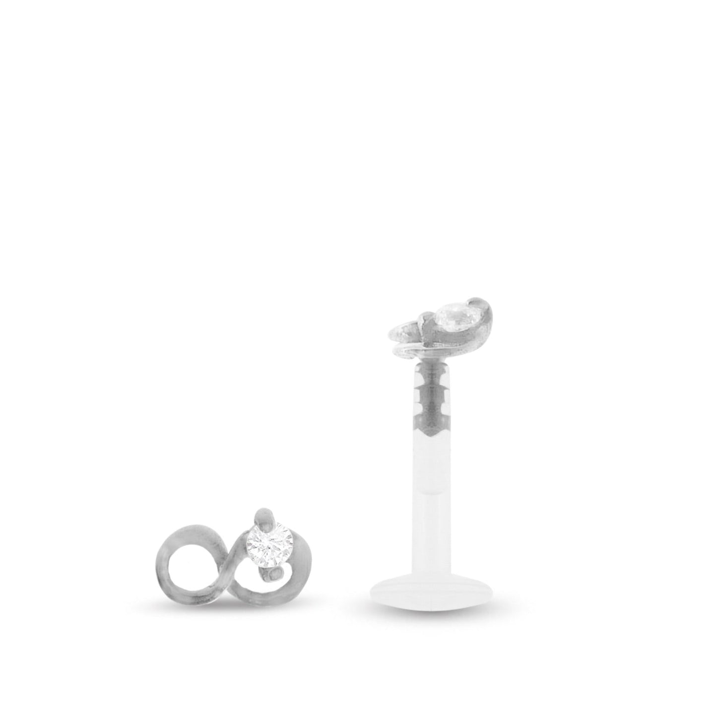 Piercing conch avec motif infini or blanc 18 carats et zircon blanc, clip à insérer dans sa barre Bioplast.