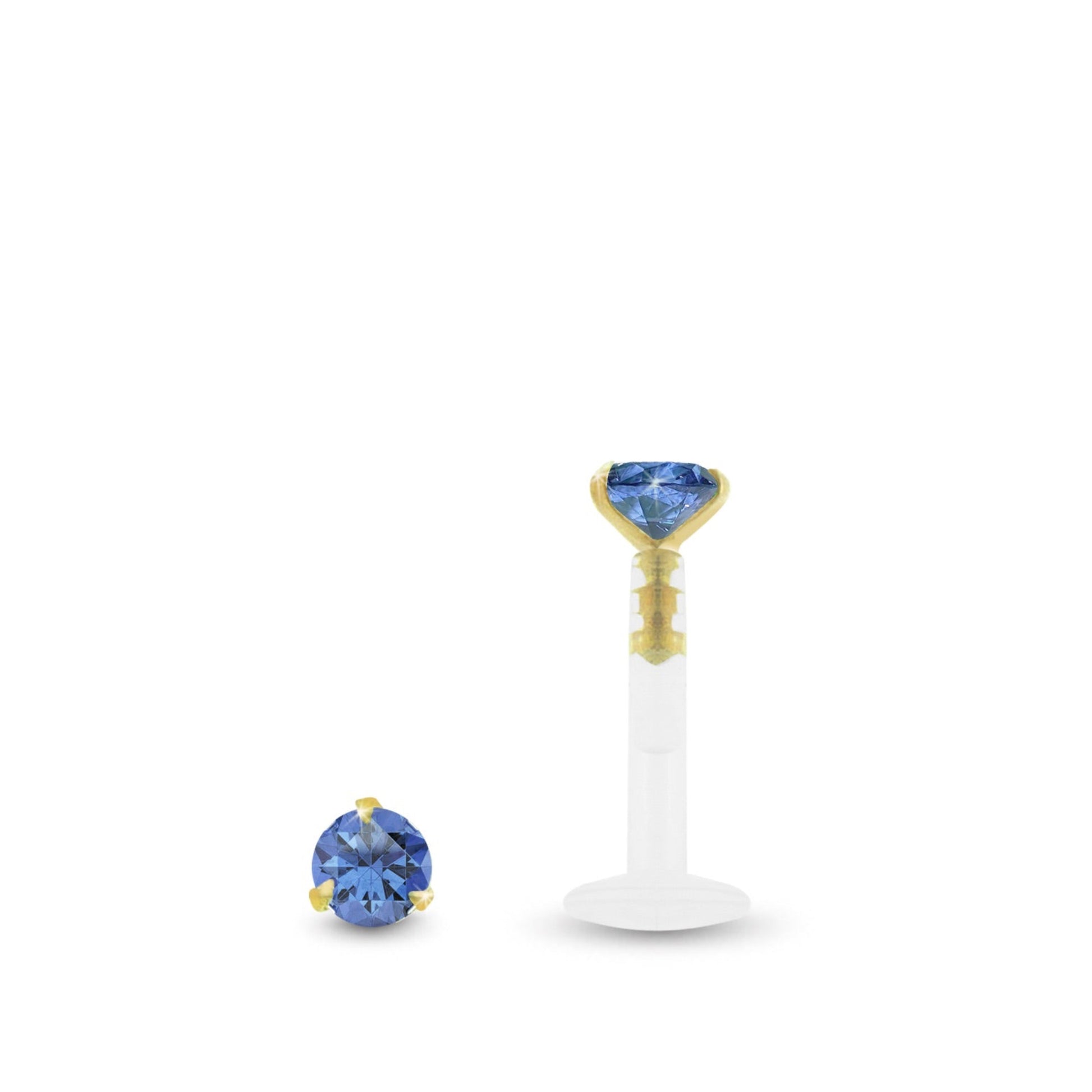 Piercing conch en or jaune avec zircon bleu foncé griffé et barre en Bioplast.