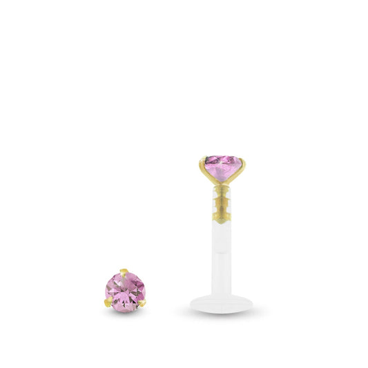 Piercing conch en or jaune avec zircon rose griffé et barre clipsable en Bioplast pour une pose facile.