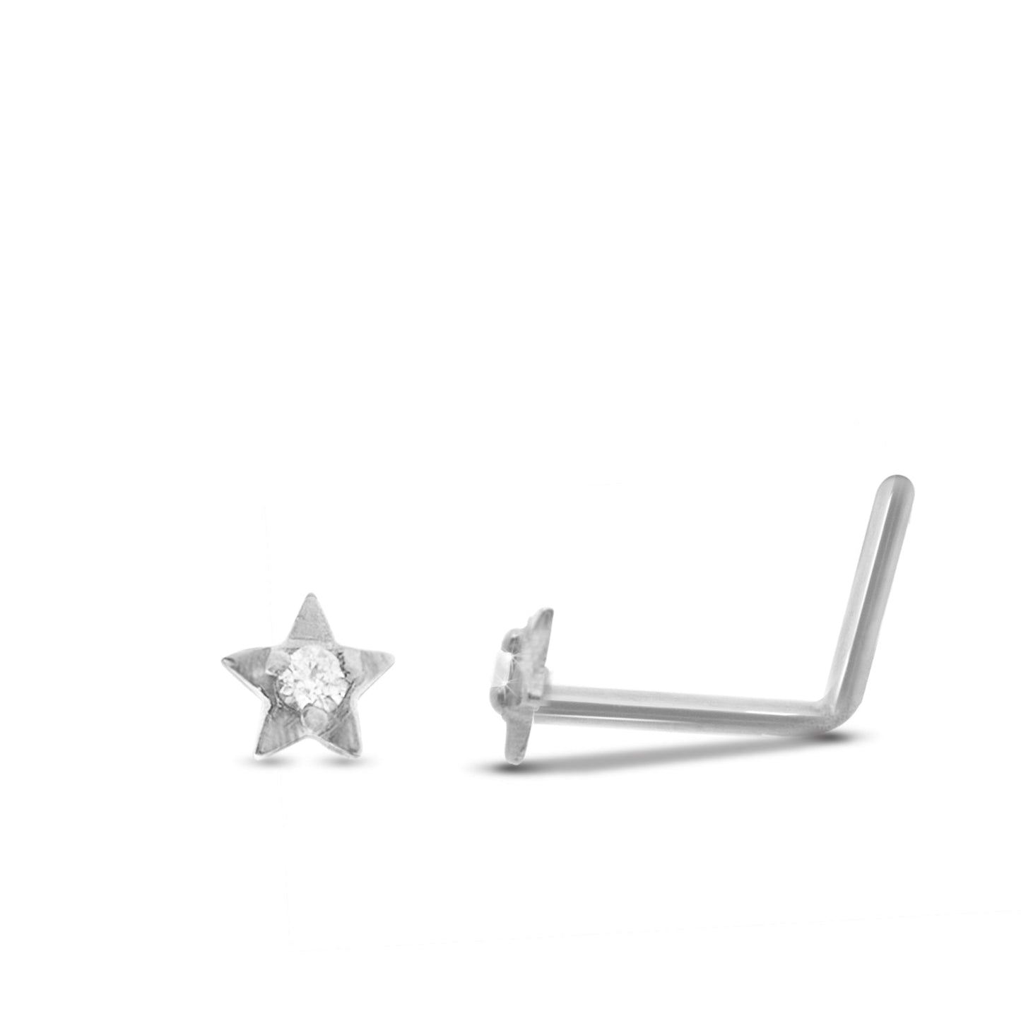 Piercing nez étoile or blanc 18 carats avec brillant barre pliée