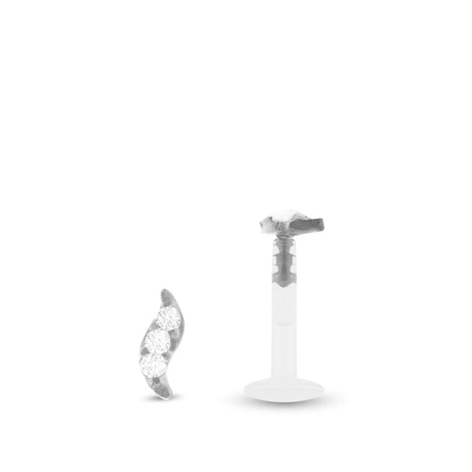 Piercing hélix en or blanc avec motif feuille orné de trois zircons blanc à clipper sur un labret en bioflex