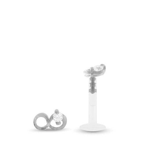 Piercing hélix avec motif infini or blanc 18 carats et zircon blanc, clip à insérer dans sa barre Bioplast.