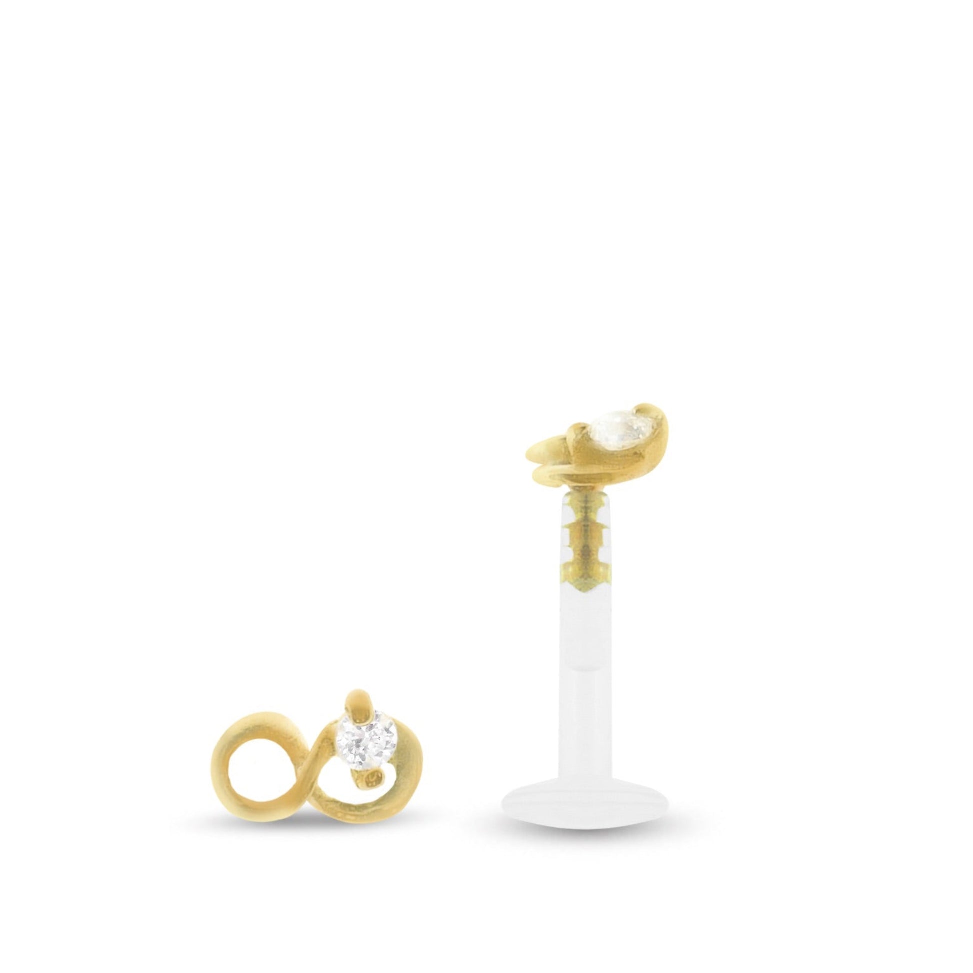Piercing hélix avec motif infini or jaune 18 carats et zircon blanc, clip à insérer dans sa barre Bioplast.