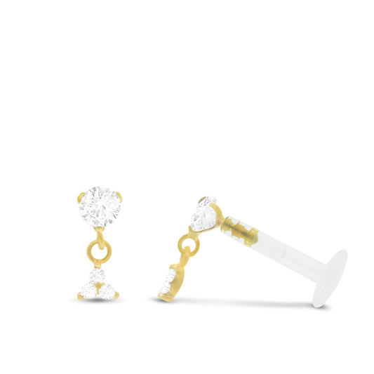 Piercing hélix en or jaune 18 carats avec pendentif trèfle composé de trois oxydes de zirconium