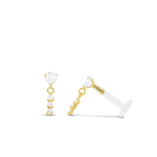 Piercing helix en or jaune avec pendentif, décoré d’une barrette de trois oxydes de zirconium brillants