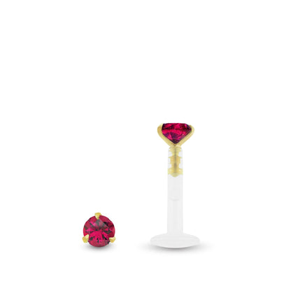 Piercing hélix rubis précieux et or jaune 18 carats avec barre Bioplast clipable