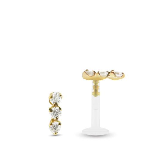 Piercing hélix en or jaune 18 carats, barrette élégante ornée de trois oxydes de zirconium blancs scintillants.