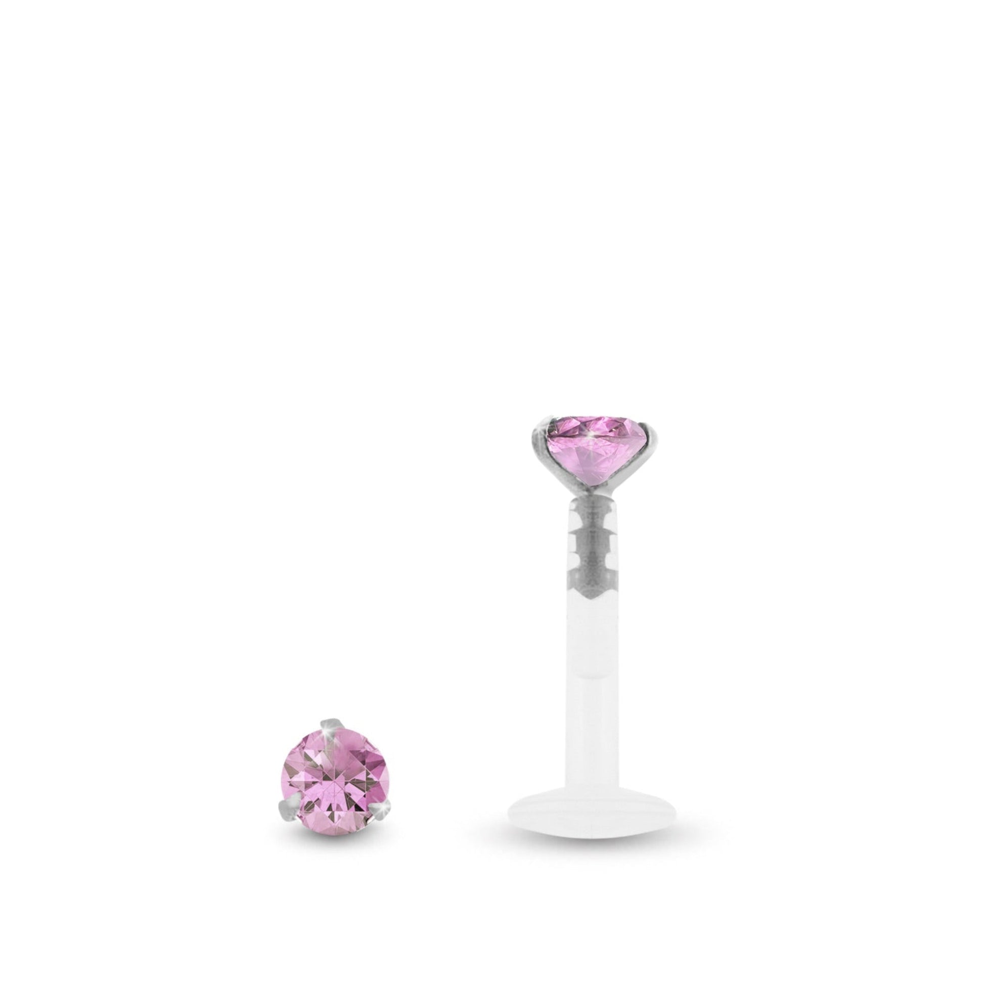 Piercing hélix en or blanc avec zircon rose griffé et barre clipsable en Bioplast pour une pose facile.