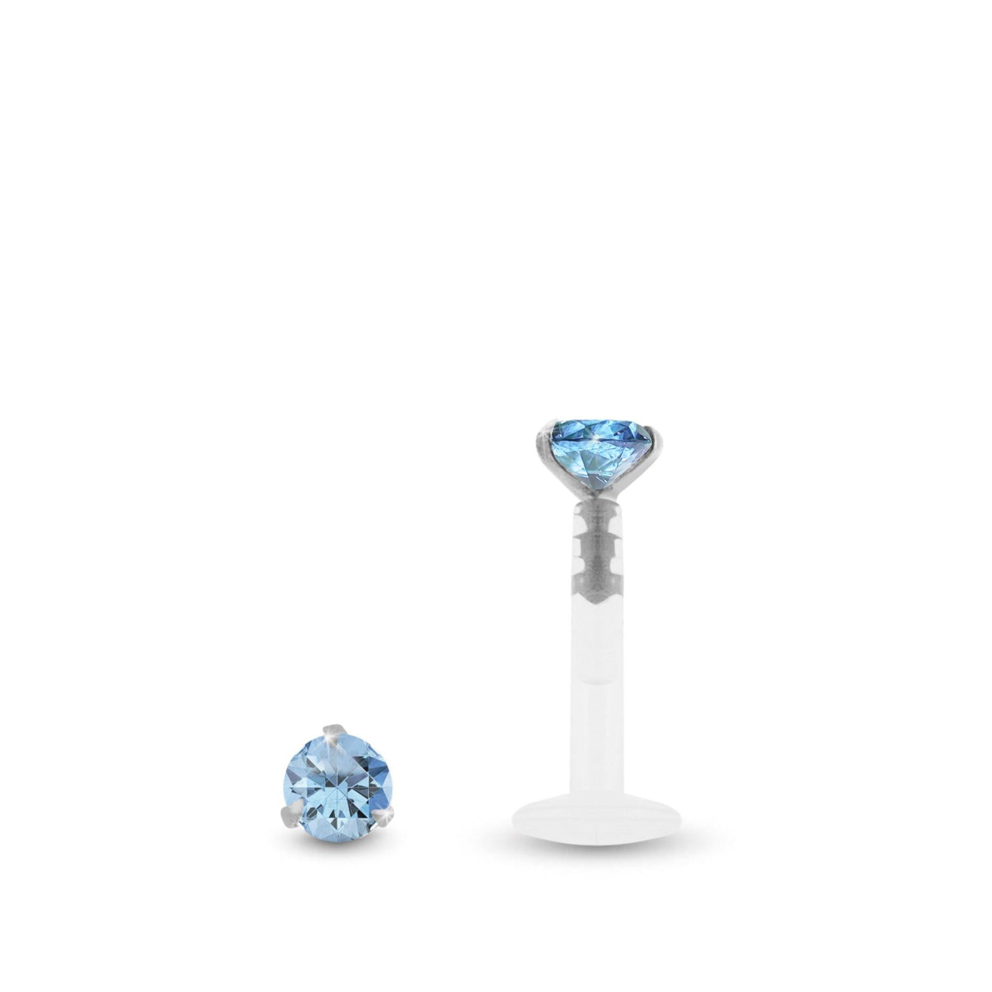 Piercing labret en or blanc avec oxyde de zirconium bleu clair