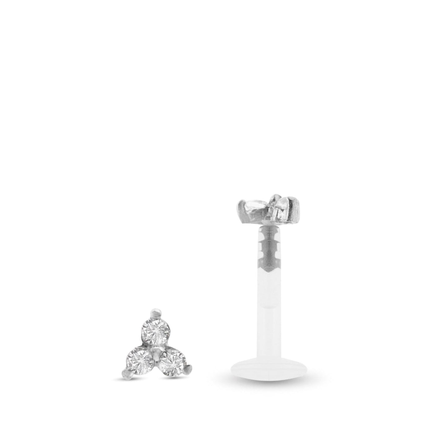 Piercing labret en or blanc 18 carats serti de trois oxydes de zirconium blancs