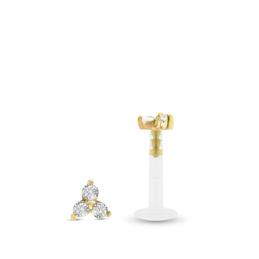 Piercing labret en or jaune 18 carats avec trois oxydes de zirconium