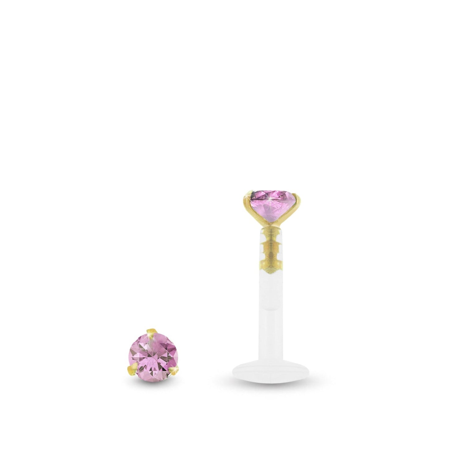 Piercing labret en or jaune avec zircon rose griffé et barre clipsable en Bioplast pour une pose facile.