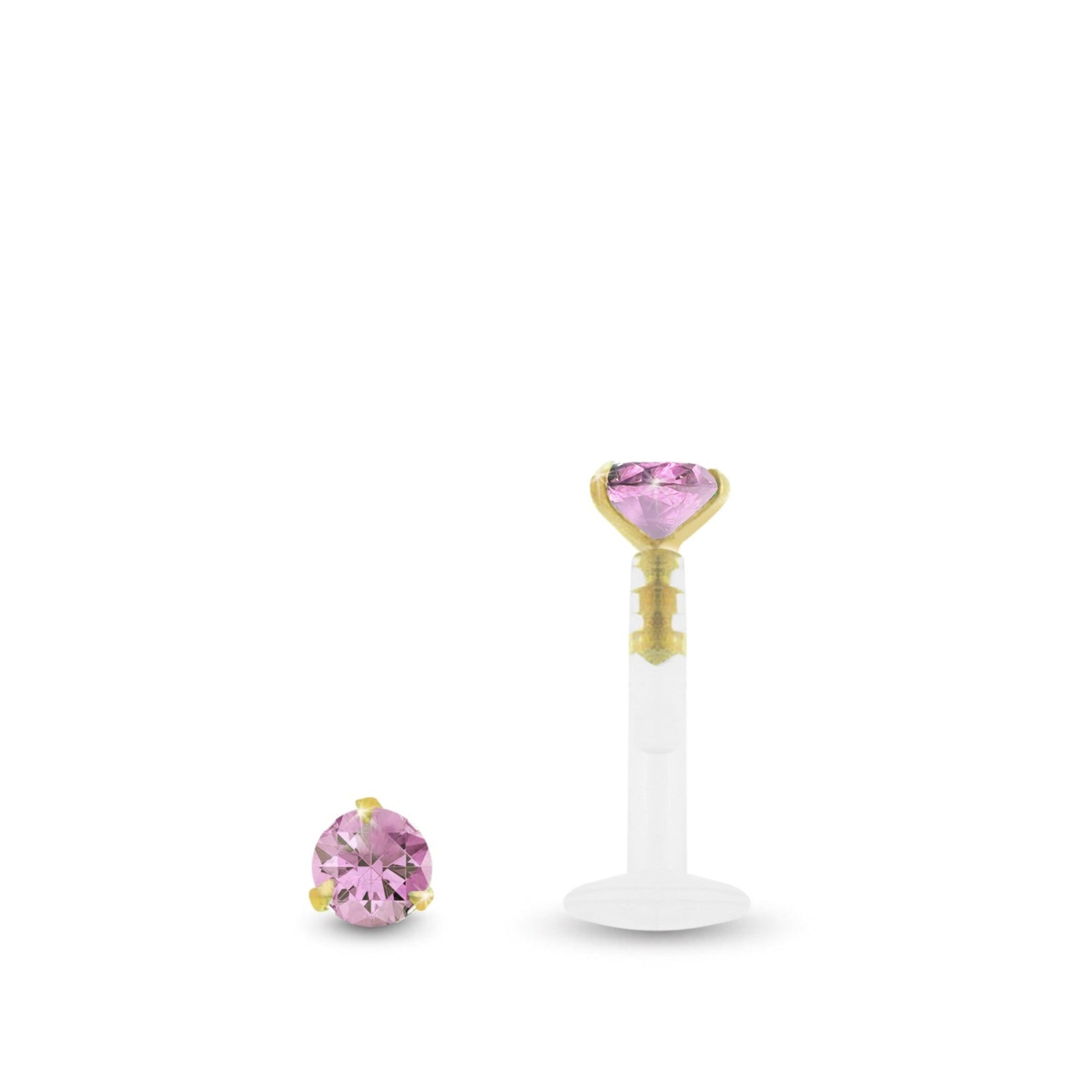 Piercing labret en or jaune avec zircon rose griffé et barre clipsable en Bioplast pour une pose facile.