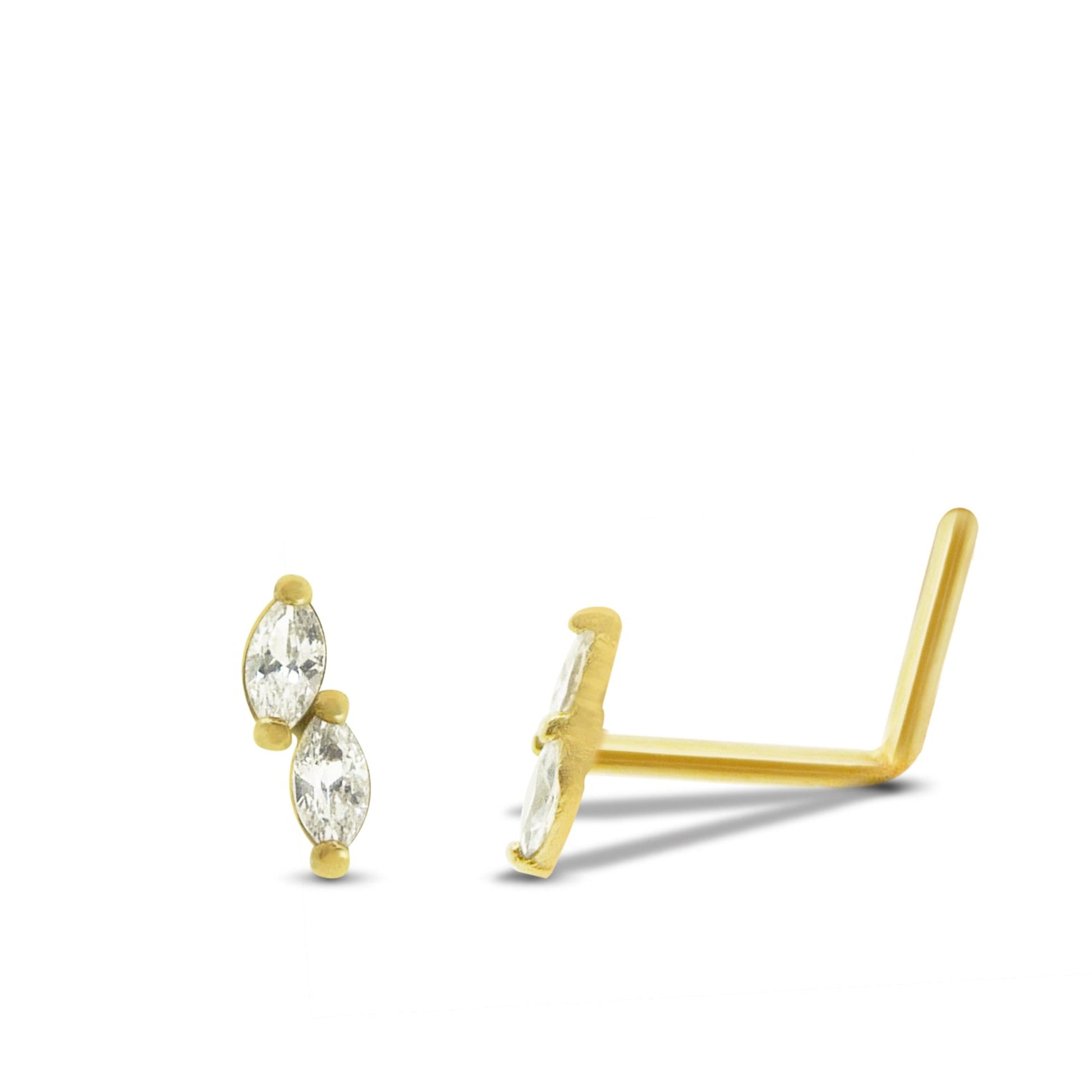 Piercing nez double zircon griffé or jaune 18 carats barre pliée