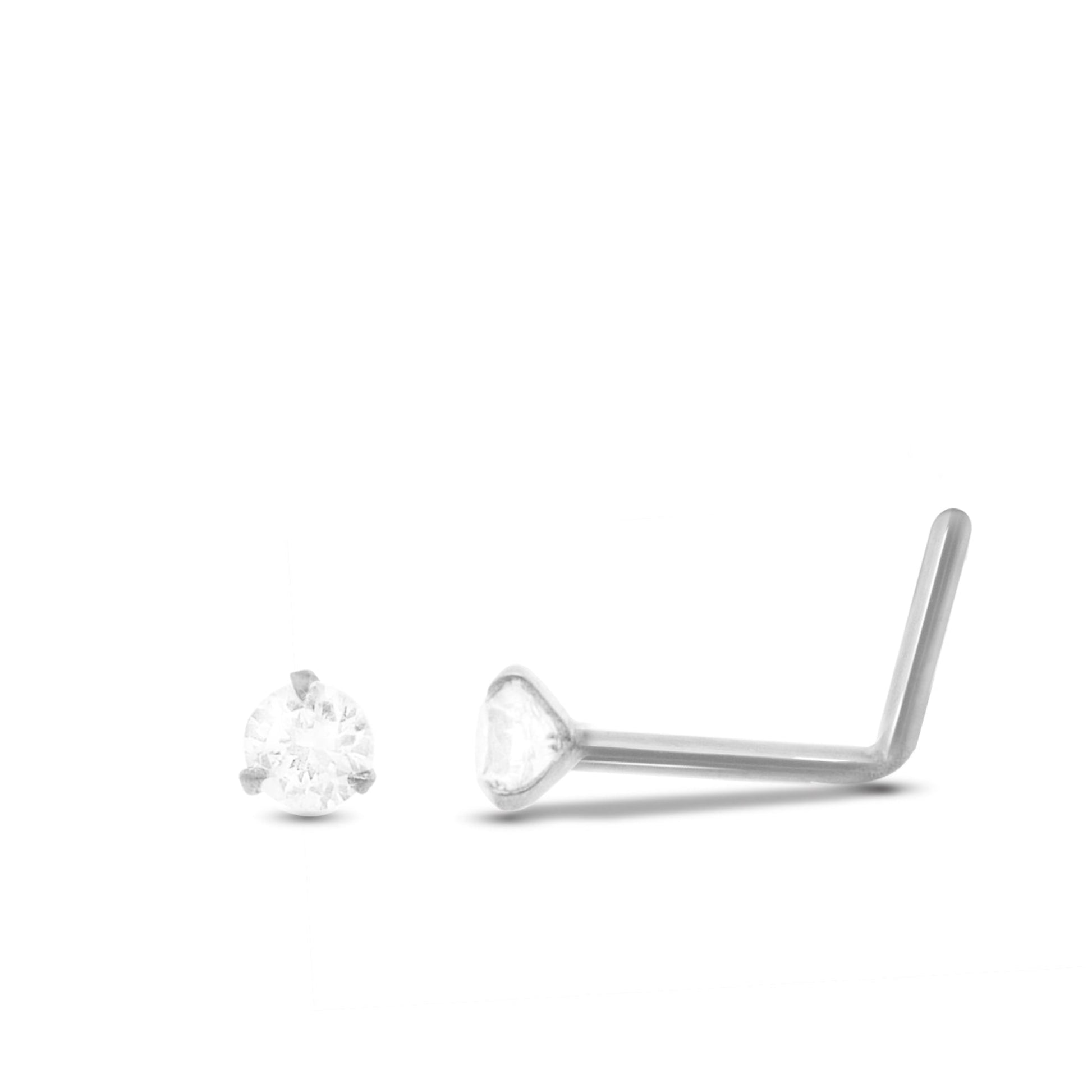 Piercing de nez zircon blanc griffé en or blanc 18 carats barre pliée