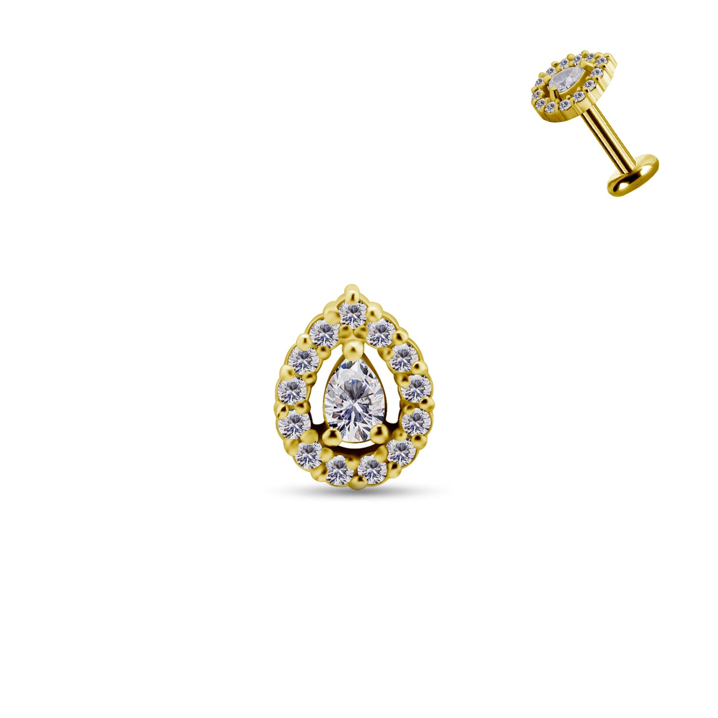 Piercing en or jaune avec motif forme de goutte et plusieurs strass blancs étincelants à visser sur labret interne