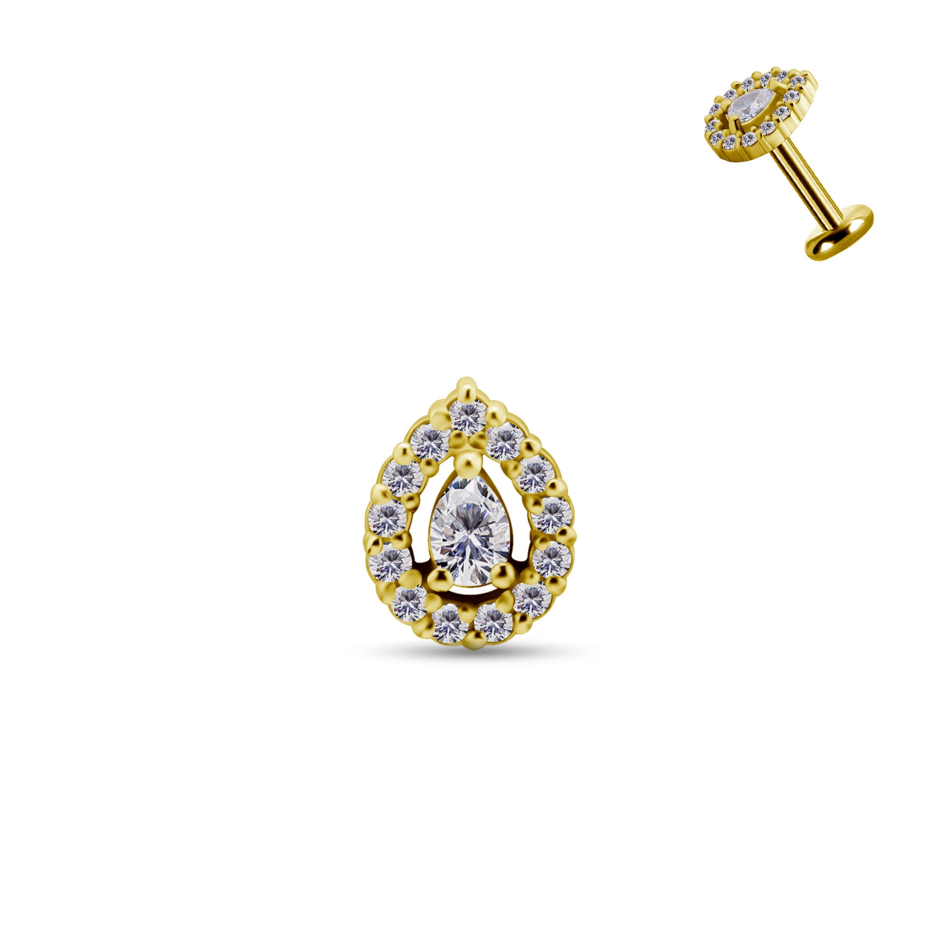 Piercing en or jaune avec motif forme de goutte et plusieurs strass blancs étincelants à visser sur labret interne
