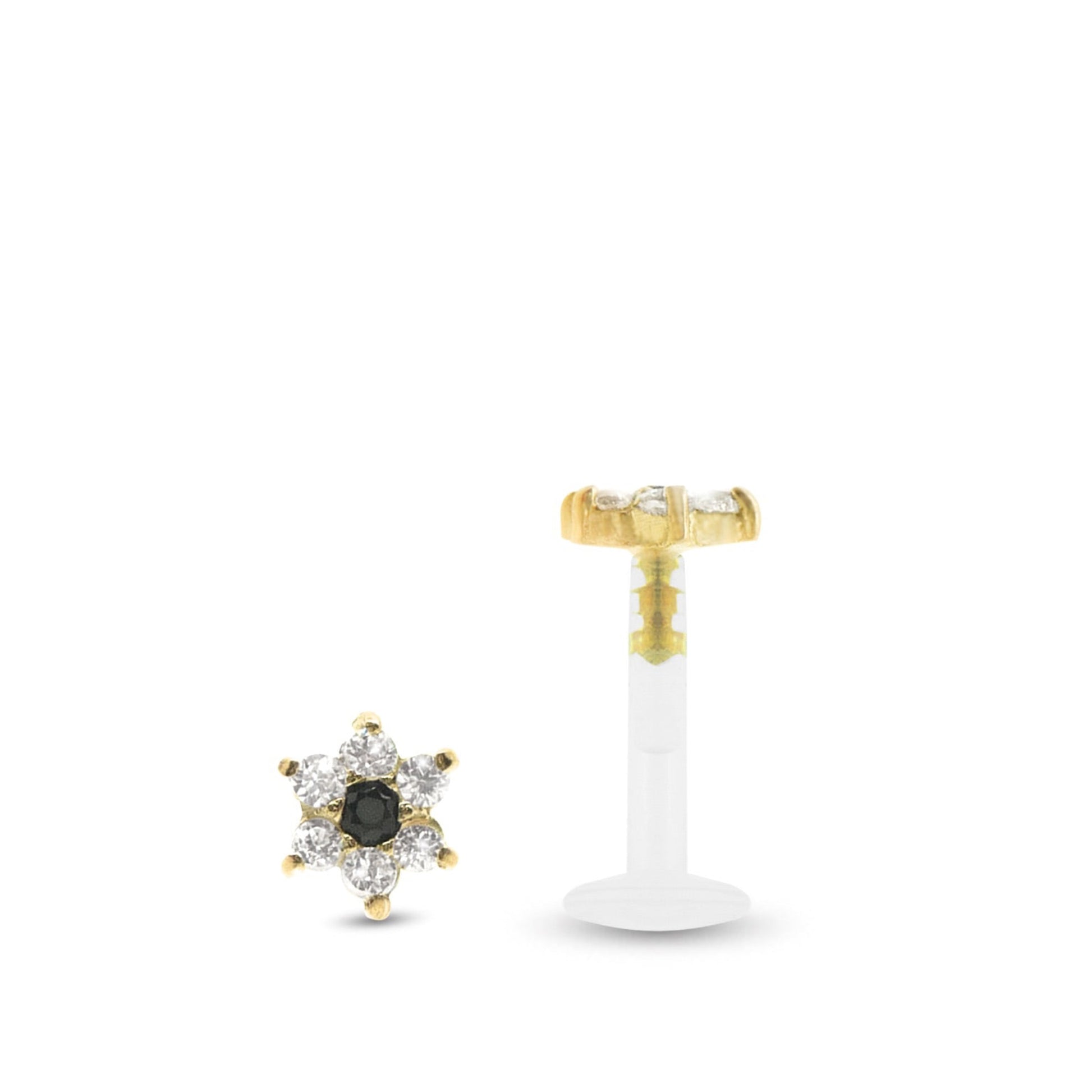 Piercing tragus fleur en or jaune, orné de six zircons blancs brillants et d’un cœur noir élégant.