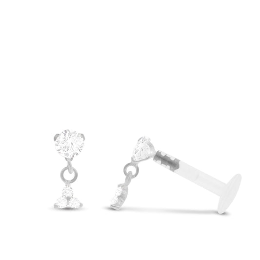 Piercing tragus en or blanc avec pendentif trèfle et trois oxydes de zirconium