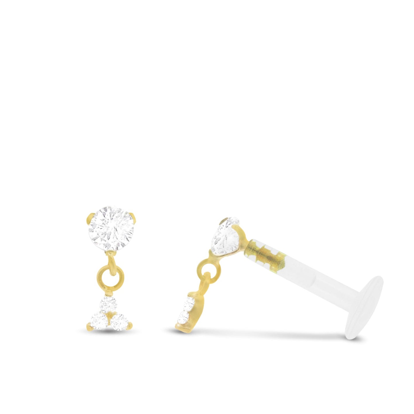 Piercing de tragus en or jaune 18 carats avec pendentif trèfle composé de trois oxydes de zirconium