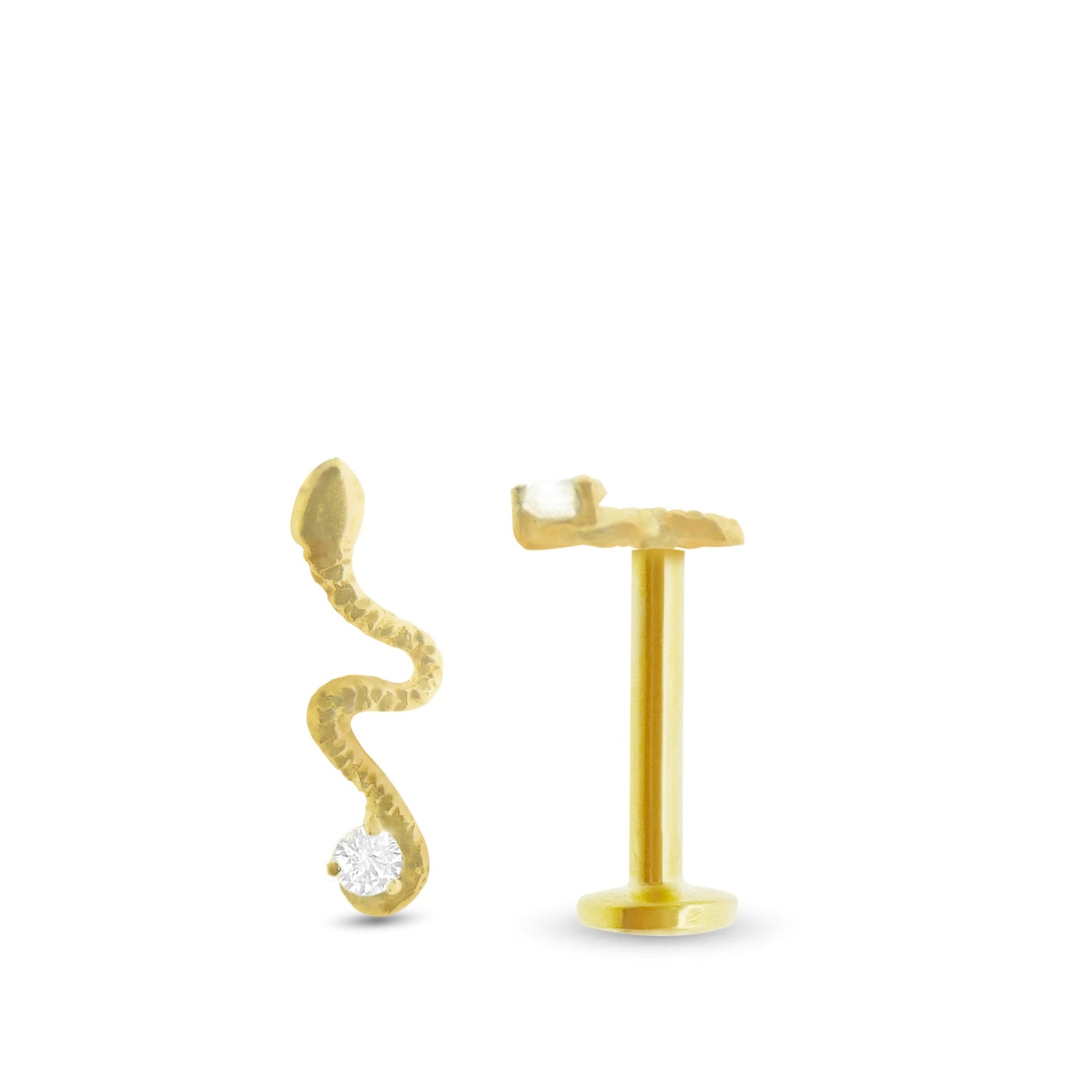 Piercing tragus serpent long en or jaune 18 carats avec fermoir vissable