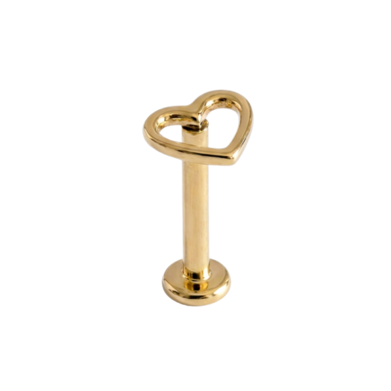 Piercing cœur ouvert en or jaune 18 carats avec labret vissable pour tragus, hélix, flat et lobe.