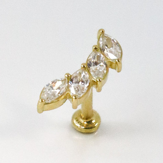 Piercing cartilage barrette feuille or jaune 18K avec zircons