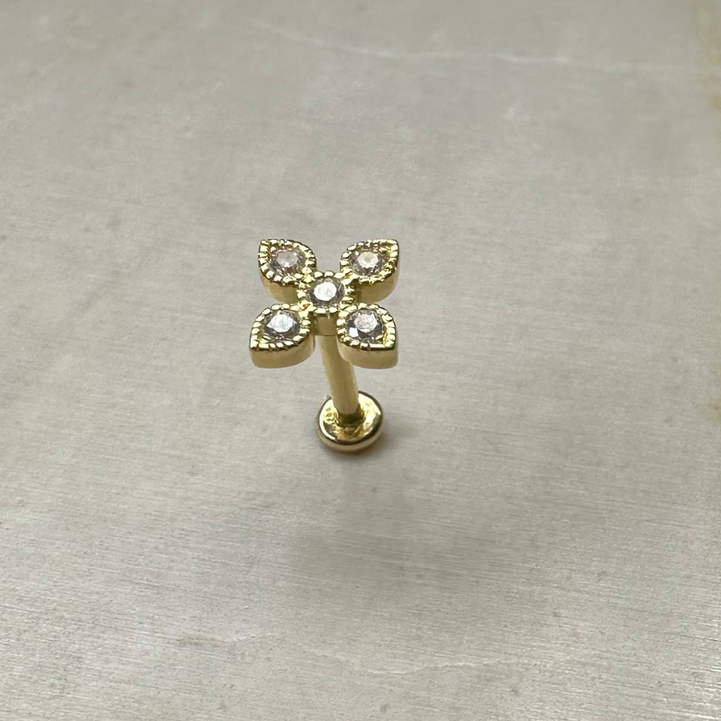 Piercing d'hélix croix avec oxydes de zirconium sertis en or jaune