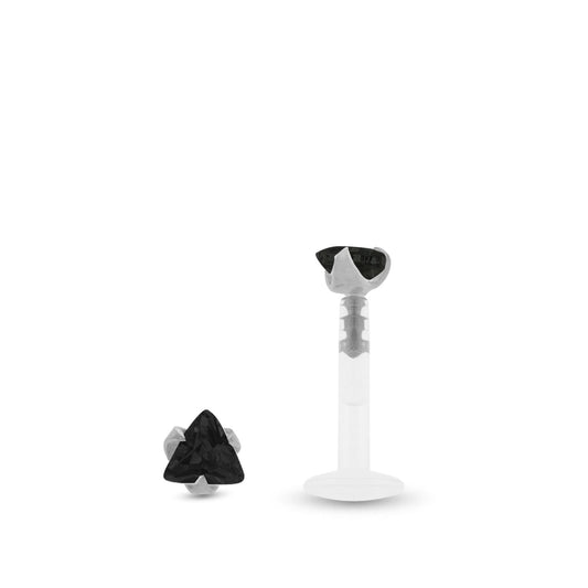 Piercing clip pour le tragus : zircon noir forme triangle griffé sur or blanc et barre bioplast