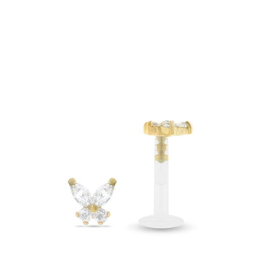 Piercing tragus papillon en or jaune 18 carats avec oxydes de zirconium blancs