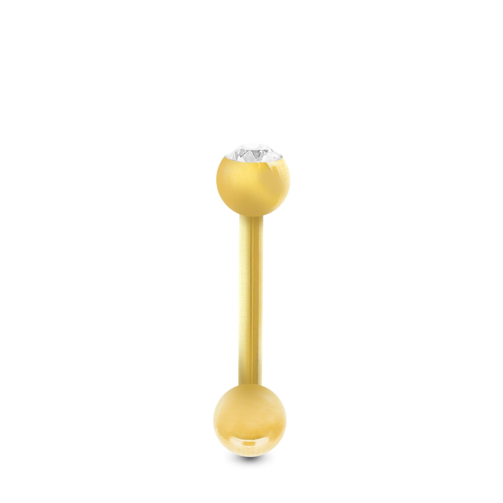 Piercing hélix en or massif avec barre droite, boule et boule strass jaune.